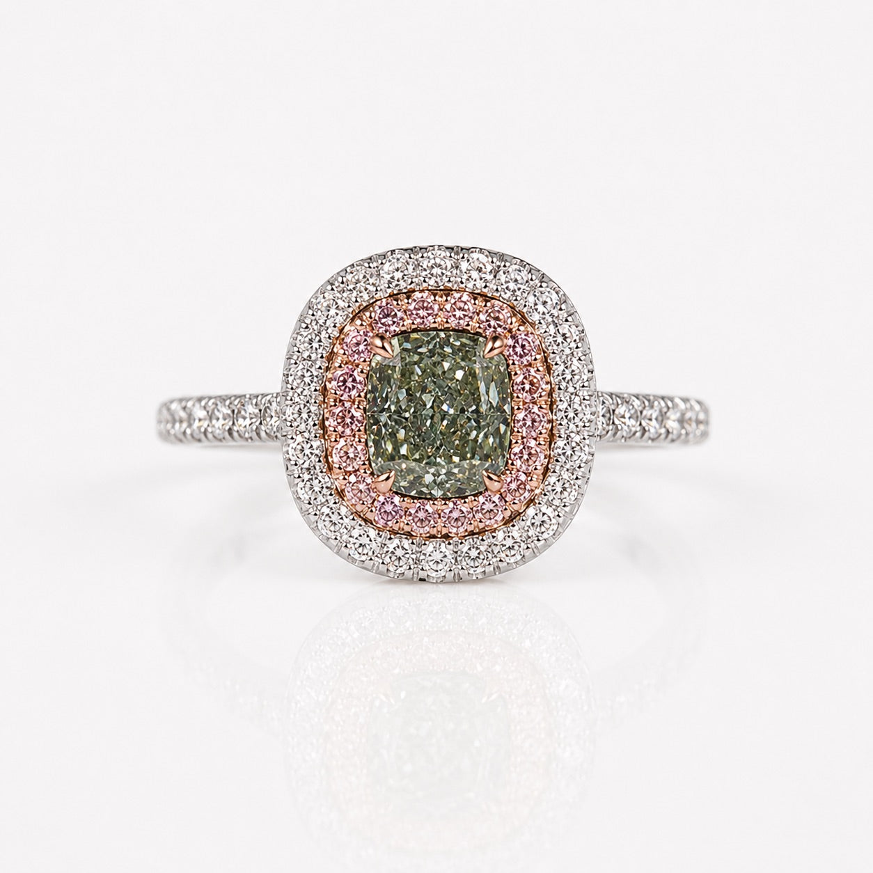 GIA Green Cushion Diamond Double Halo Engagement Ring