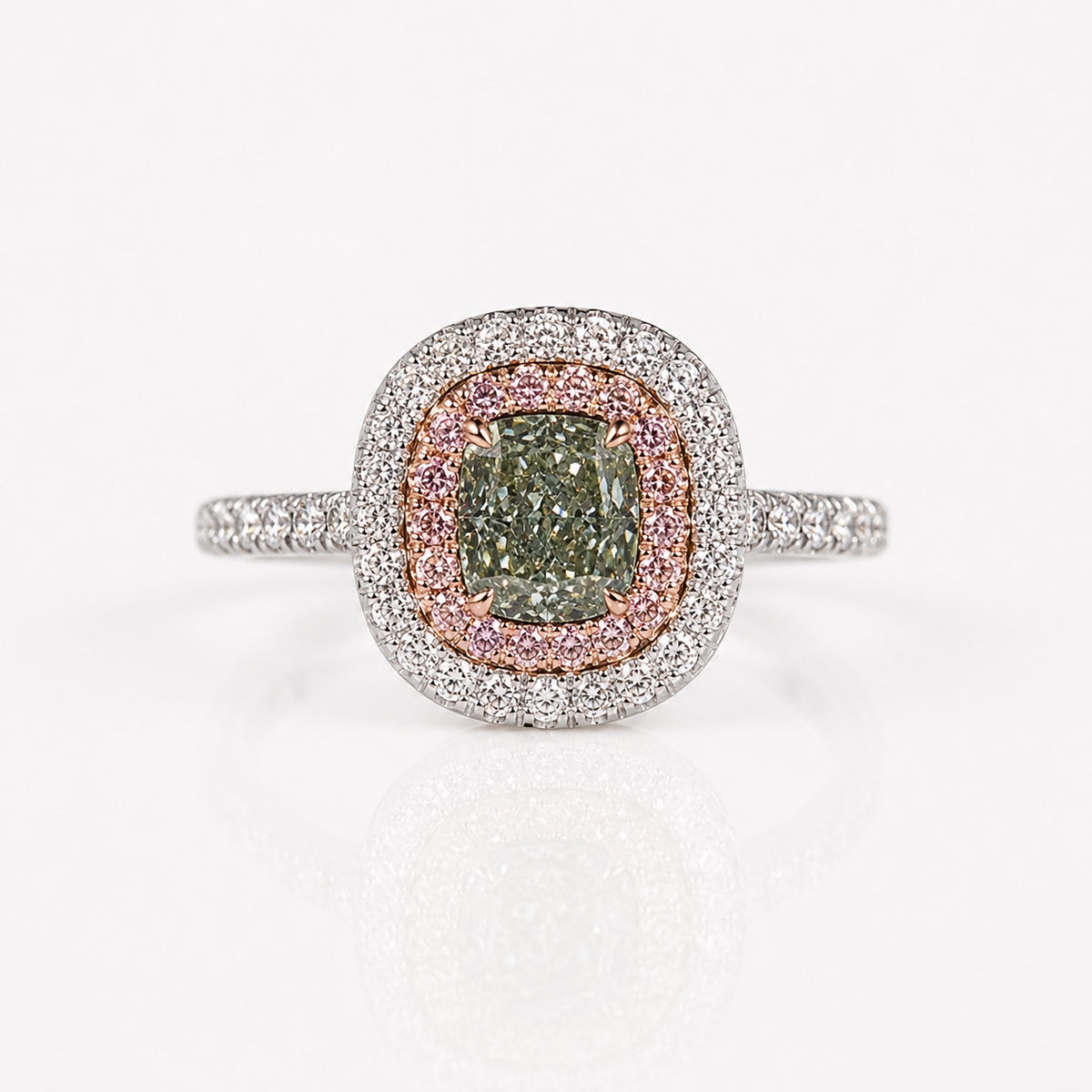 GIA Green Cushion Diamond Double Halo Engagement Ring
