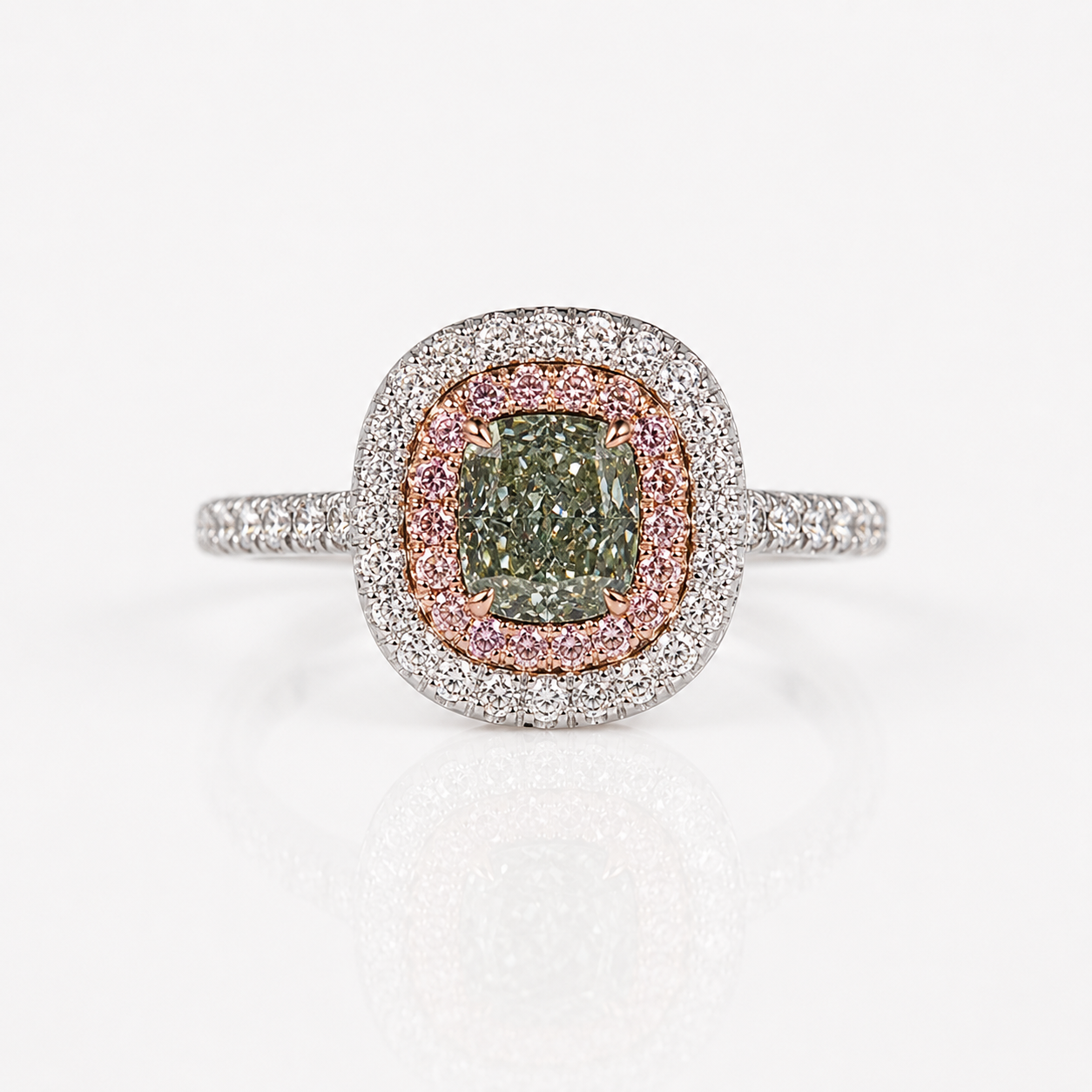 Green Cushion Diamond Double Halo Engagement Ring