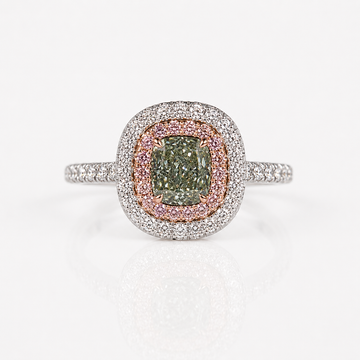 Green Cushion Diamond Double Halo Engagement Ring