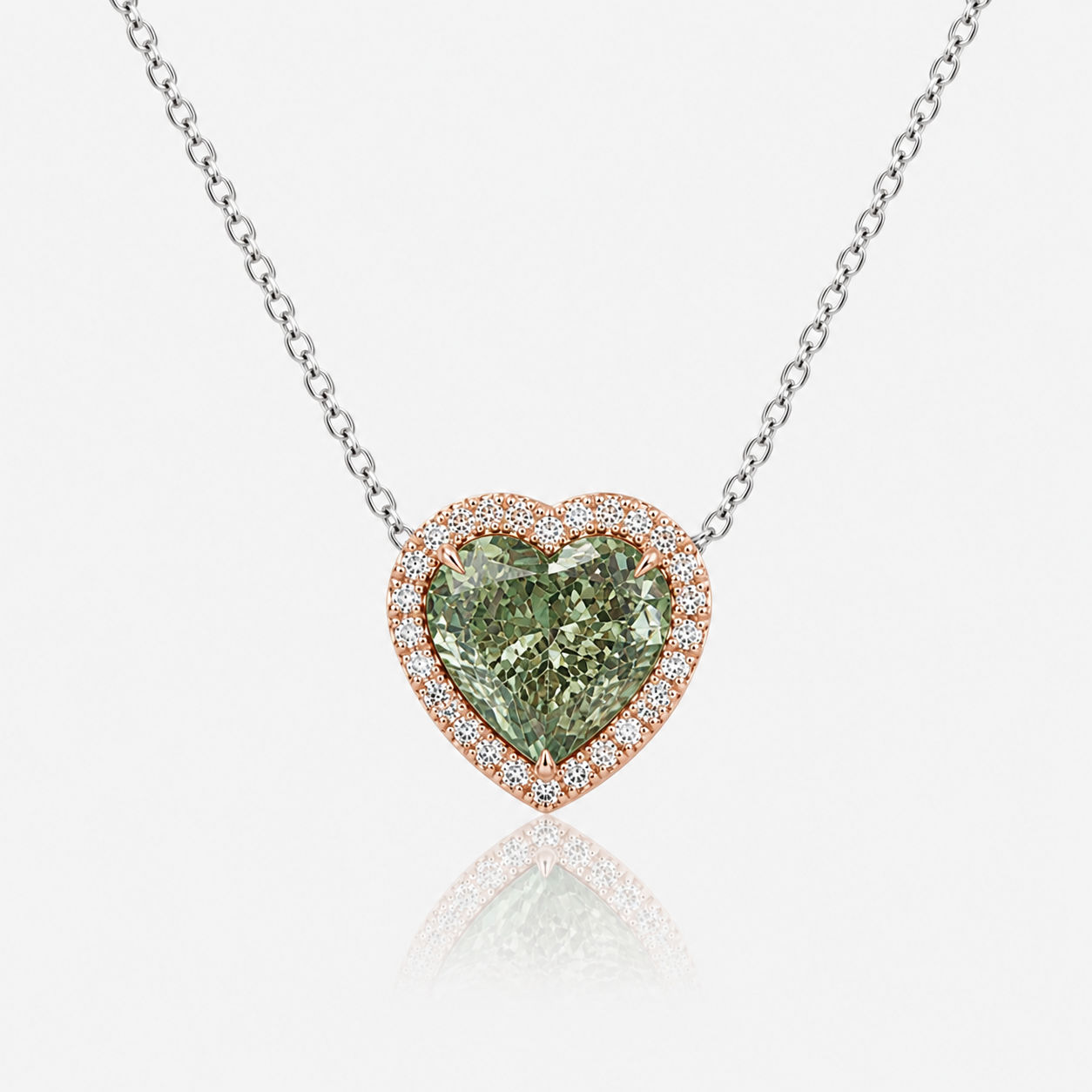 Green Heart Diamond in Pink Diamond Halo Pendant Necklace