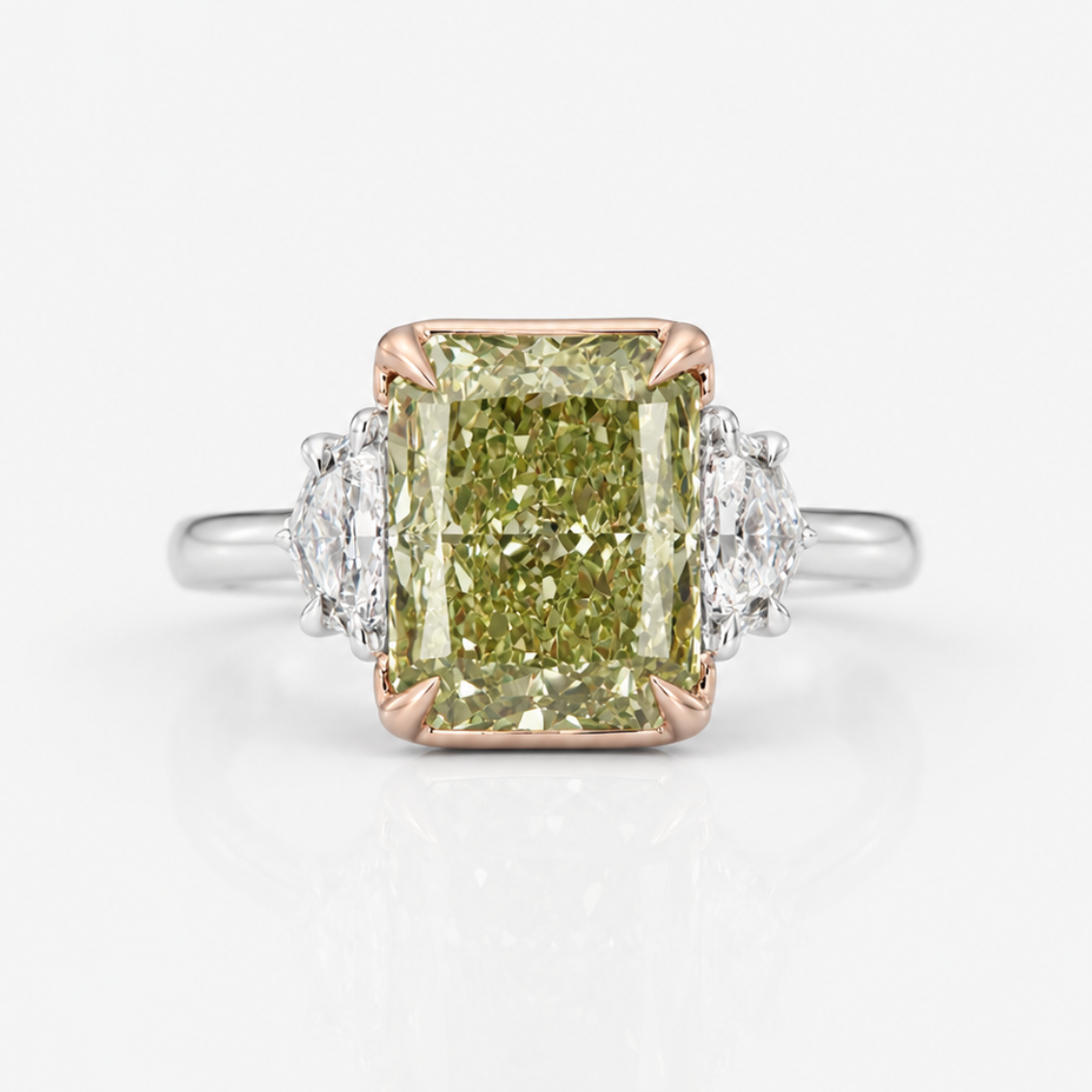 Natural 5ct Green Radiant diamond three stone engagement ring — Rare Colors by Namdar NYC