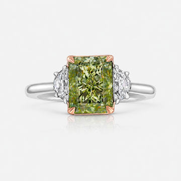 3 Carat Fancy Green-Yellow Elongated Radiant Diamond Three Stone Engagement Ring