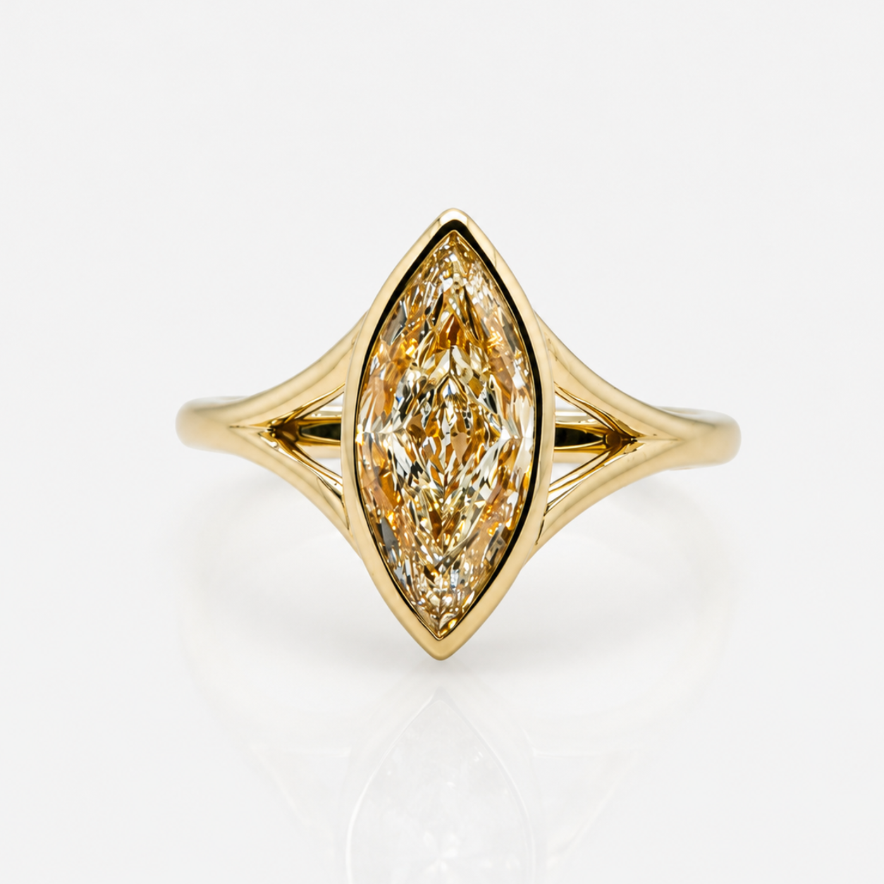2ct GIA LIght Yellow Marquise Diamond Bezel Split Shank Bezel Solitaire Engagement Ring