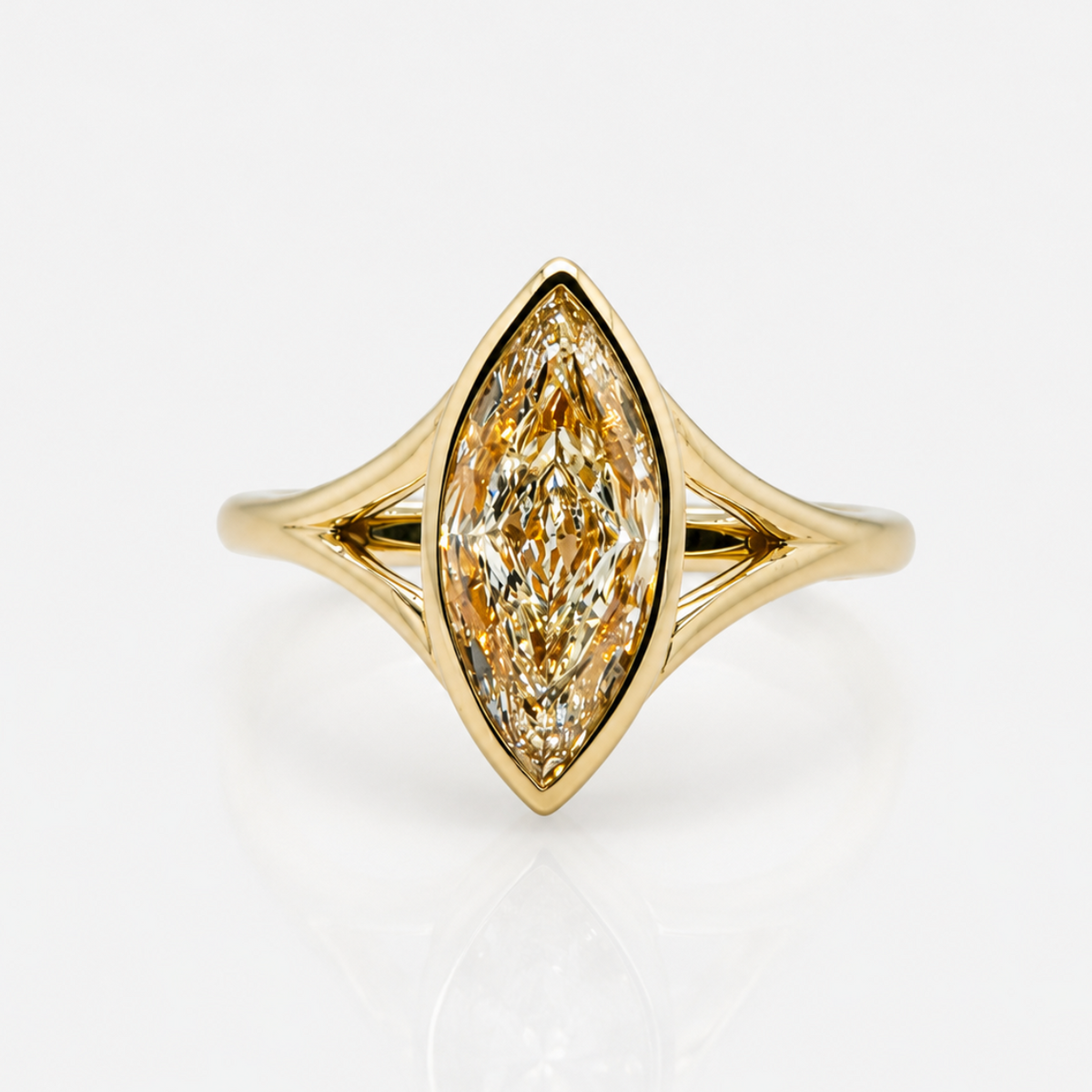 2ct GIA light yellow marquise diamond split shank bezel solitaire engagement ring | Rare Colors by Namdar, NYC