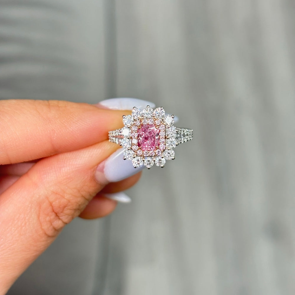 Fancy Purplish Pink Radiant diamond ring, handcrafted by Rare Colors by Namdar