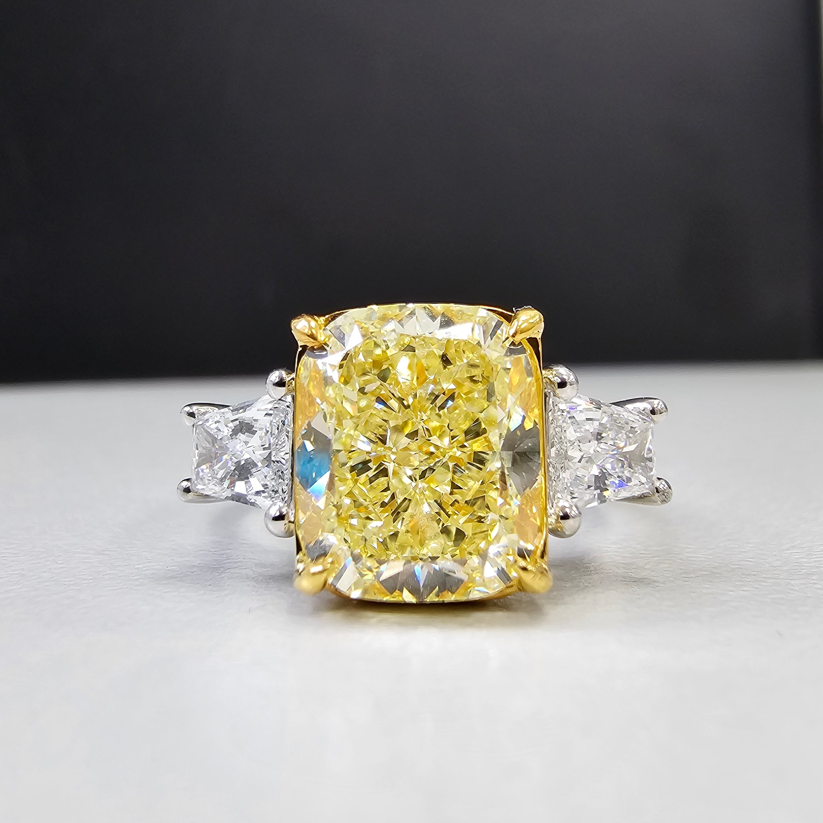 Yellow diamond three stone ring, diamond engagement ring with white trapezoid side stones
