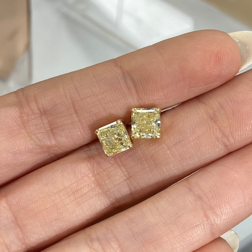 Old money yellow diamond studs. yellow radiant. yellow diamond earring. yellow diamond studs with a VS2 and SI1 Clarity.