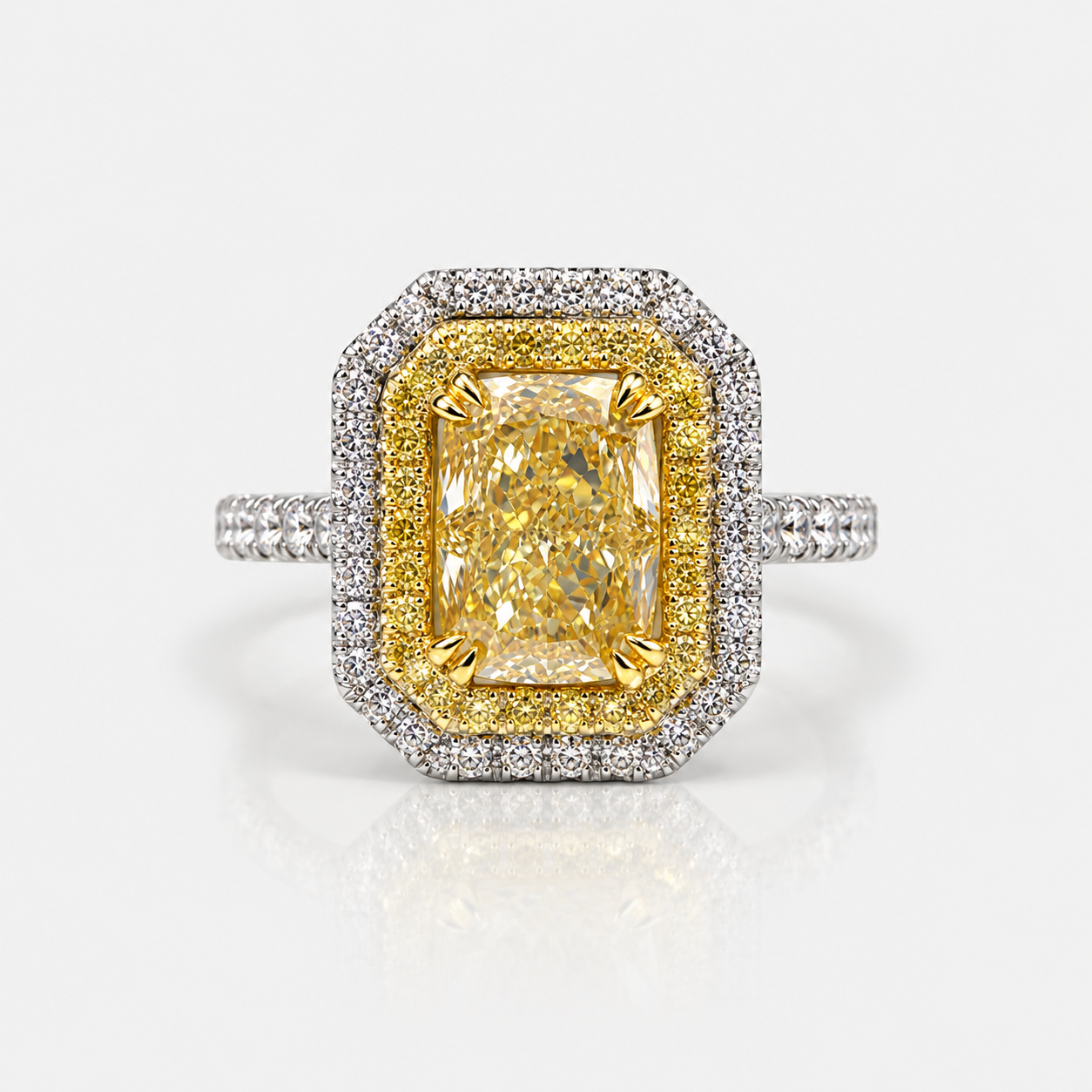 2.5ct GIA Light Yellow Cushion Diamond Double Halo Engagement Ring