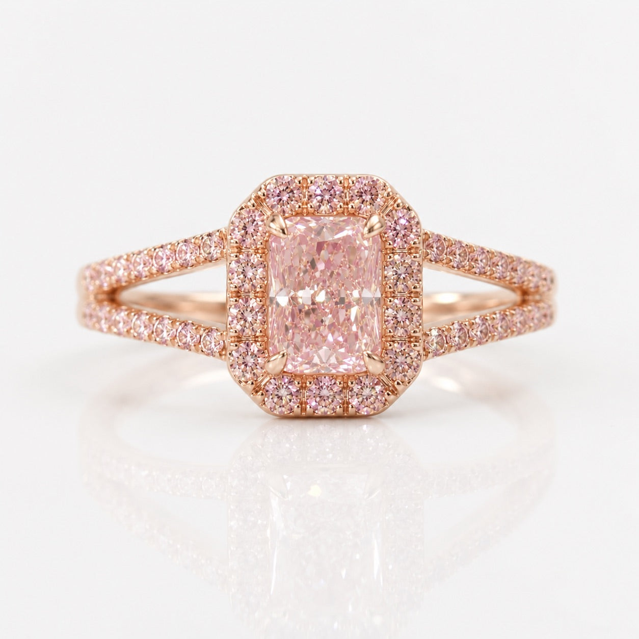1.11ct GIA Light Pink Radiant Diamond Split Shank Halo Engagement Ring