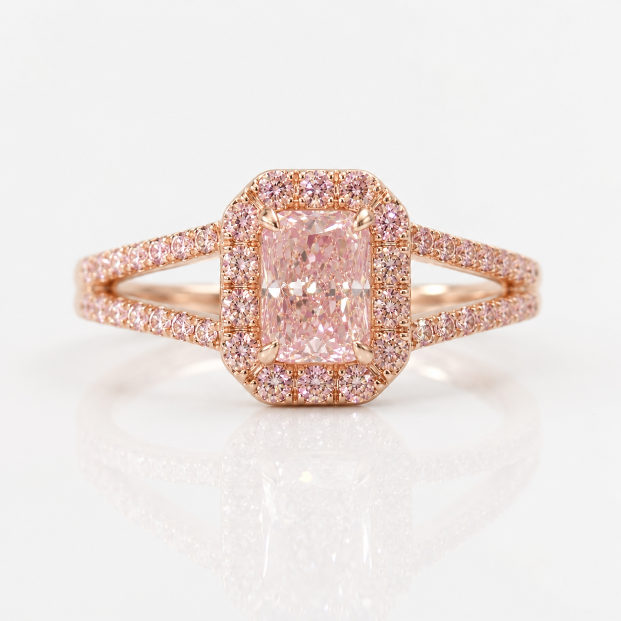 1.11 Carat Light Pink Radiant Diamond Split Shank Halo Engagement Ring
