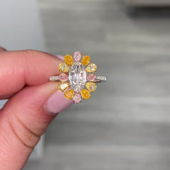2.16 Carat Total Weight 1 Carat Center Elongated Oval Diamond VS2 Clarity  GIA Certified Diamond 1.16 Carats of Multi Color Pear Shape Diamonds One of A Kind Design Handmade in NYC.