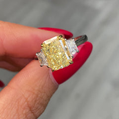 3 Carat Fancy Yellow Elongated Radiant Diamond Three Stone Ring