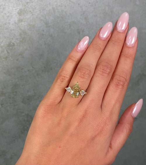 4 Carat Champagne Step Pear Diamond Three Stone Ring
