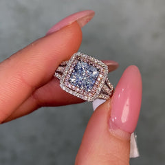 2 Carat Blue Radiant Diamond Double Halo Engagement Ring