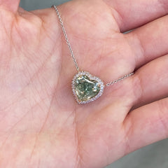 Green Heart Diamond in Pink Diamond Halo Pendant Necklace