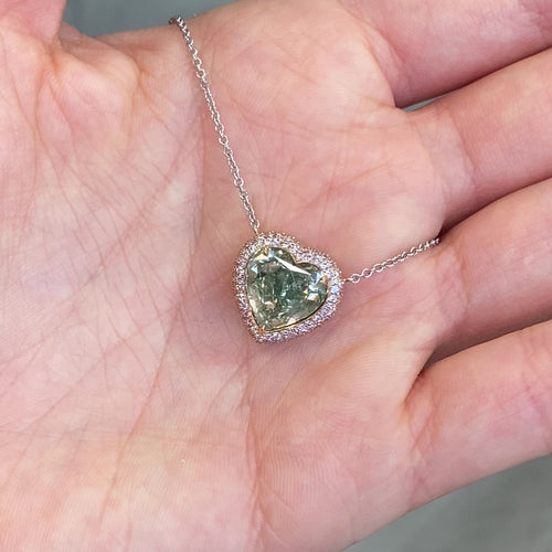Green Heart Diamond in Pink Diamond Halo Pendant Necklace