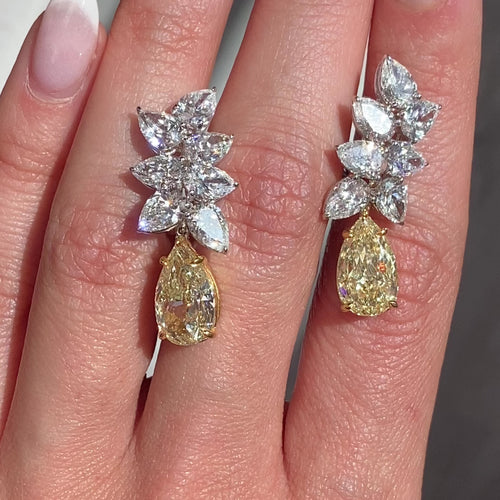 3 Carat Each Yellow Diamond With White Diamond Cluster Earrings