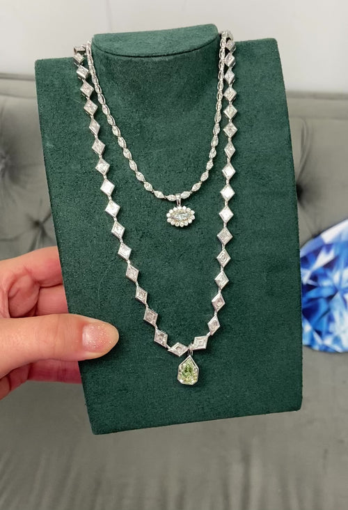 Lozenge Diamond Bezel Necklace with Detachable Green Diamond Charm