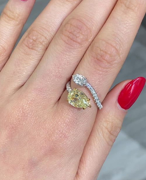 Yellow and White Pear Diamond Spiral Ring
