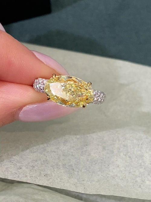 4 Carat Fancy Yellow Oval Diamond East West Pavé Engagement Ring