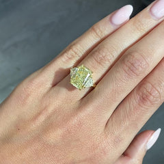 6.03ct Light Yellow Elongated Radiant Diamond Three Stone Ring