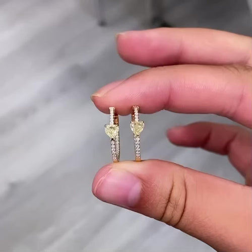 Yellow diamond heart shape earrings. Cute yellow diamond hoops. Yellow diamond earrings. Diamond hoops