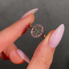 Green Oval Diamond in Pink Diamond Halo Engagement Ring