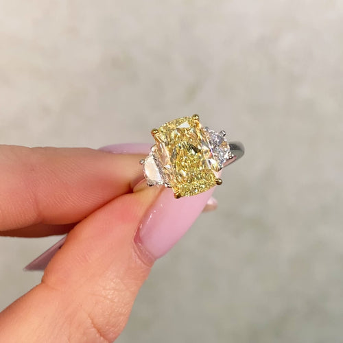 4 Carat Elongated Cushion Fancy Light Yellow Diamond Engagement Ring