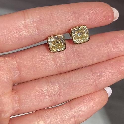 Fancy Yellow Cushion Diamond Bezel Stud Earrings