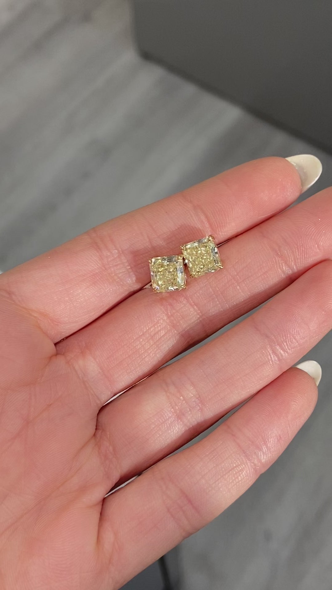Old money yellow diamond studs. yellow radiant. yellow diamond earring. yellow diamond studs with a VS2 and SI1 Clarity.