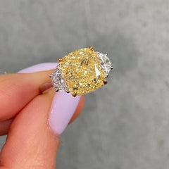 6.02ct Fancy Yellow Cushion Diamond Three Stone Engagement Ring