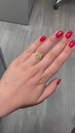 Fancy yellow elongated cushion diamond ring. Fancy yellow long cushion. Fancy yellow cushion