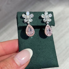 2 Carat Each Pink Pear Diamond Flower Drop Earrings