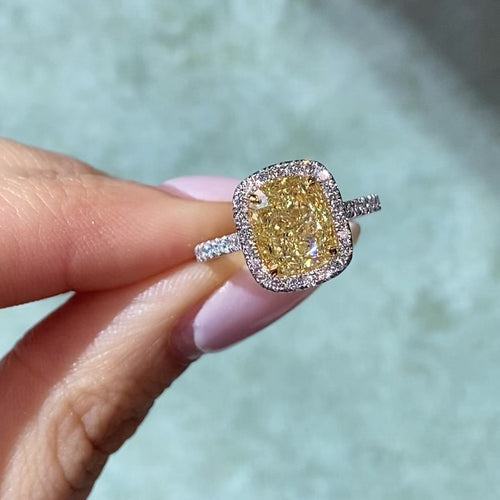3 Carat Yellow Cushion Diamond Halo Engagement Ring