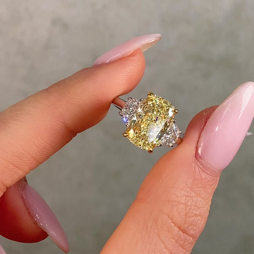 4 Carat Elongated Cushion Fancy Light Yellow Diamond Engagement Ring
