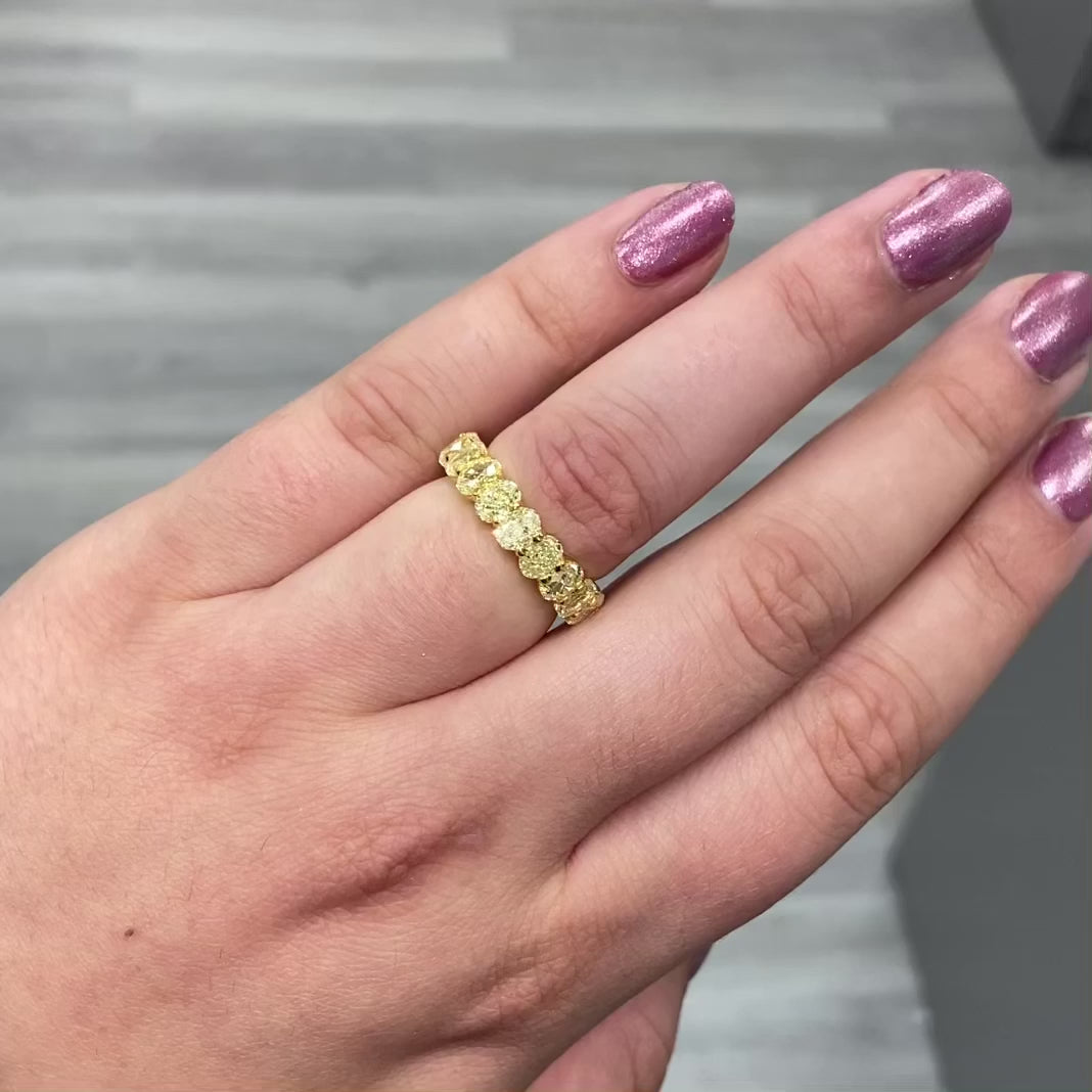 Oval diamond eternity ring. Yellow diamond oval eternity ring. Yellow diamond band. Canary diamond band. Yellow oval diamonds. Fancy yellow oval diamond ring. Yellow diamond stackable rings.