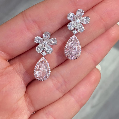 2 Carat Each Pink Pear Diamond Flower Drop Earrings