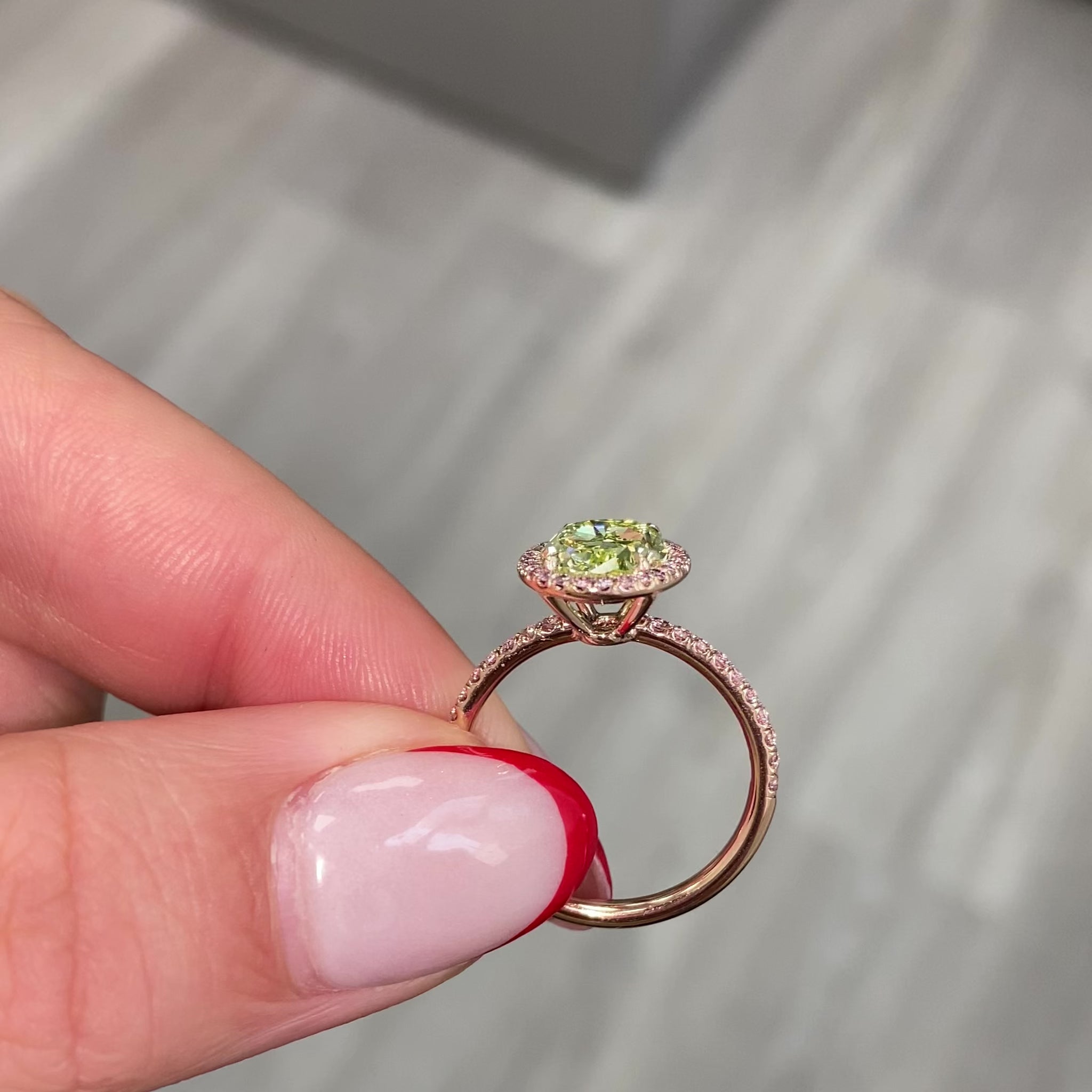 oval cut diamond, natural green diamond, unique green diamond engagement ring in pink diamond halo