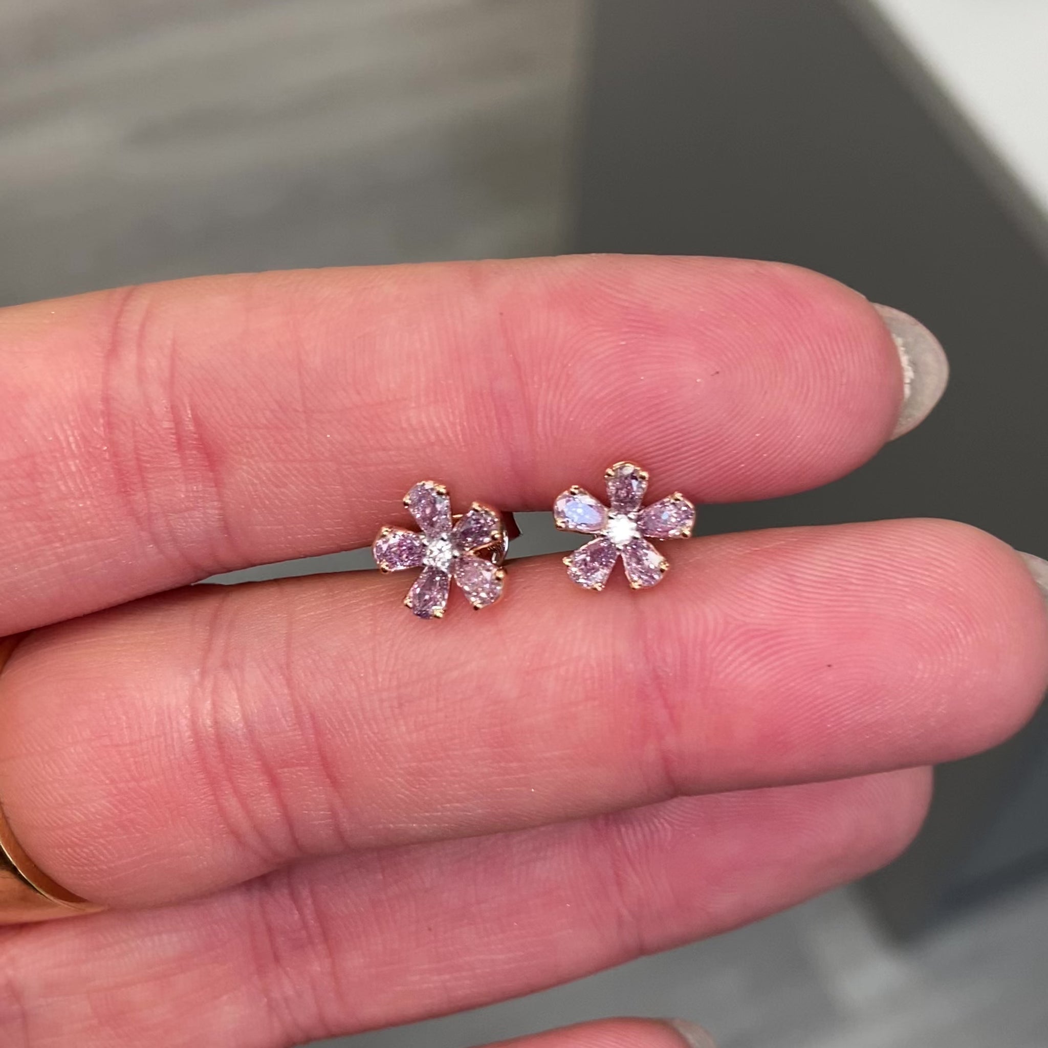 Spring flower earrings, pink diamond stud earrings, dainty pink diamond earrings.