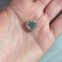 Green Heart Diamond in Pink Diamond Halo Pendant Necklace