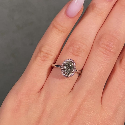Green Oval Diamond in Pink Diamond Halo Engagement Ring