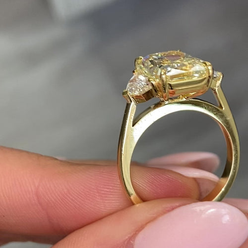 6.03ct Light Yellow Elongated Radiant Diamond Three Stone Ring