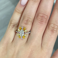 2.16 Carat Total Weight 1 Carat Center Elongated Oval Diamond VS2 Clarity  GIA Certified Diamond 1.16 Carats of Multi Color Pear Shape Diamonds One of A Kind Design Handmade in NYC.