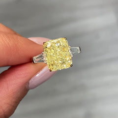 5.52ct Fancy Yellow Elongated Radiant Diamond Three Stone Ring