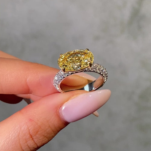 4 Carat Fancy Yellow Oval Diamond East West Pavé Engagement Ring