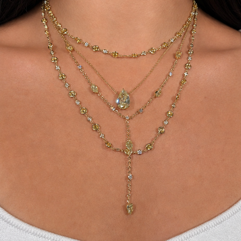 8.5ct Fancy Yellow Pear lariat necklace — color diamond specialists Rare Colors by Namdar