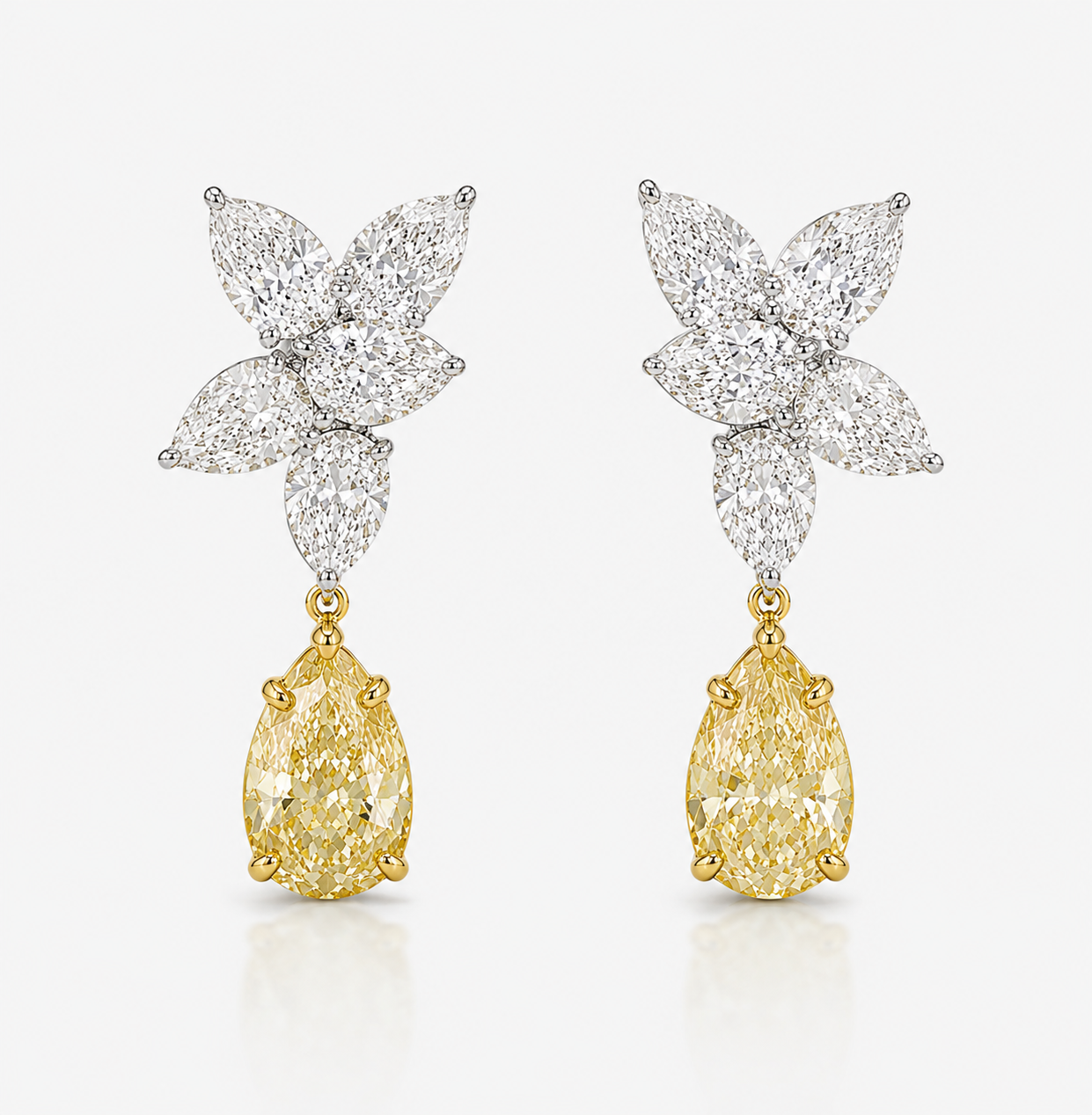 Yellow Pear Diamond with Colorless Pear Cluster Earrings