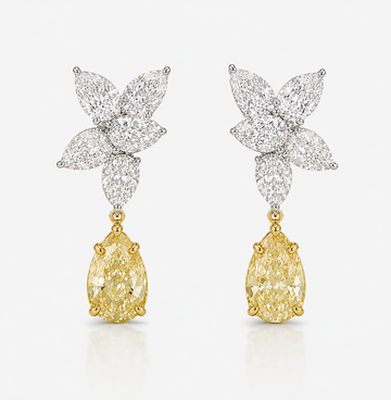 Yellow Pear Diamond with Colorless Pear Cluster Earrings