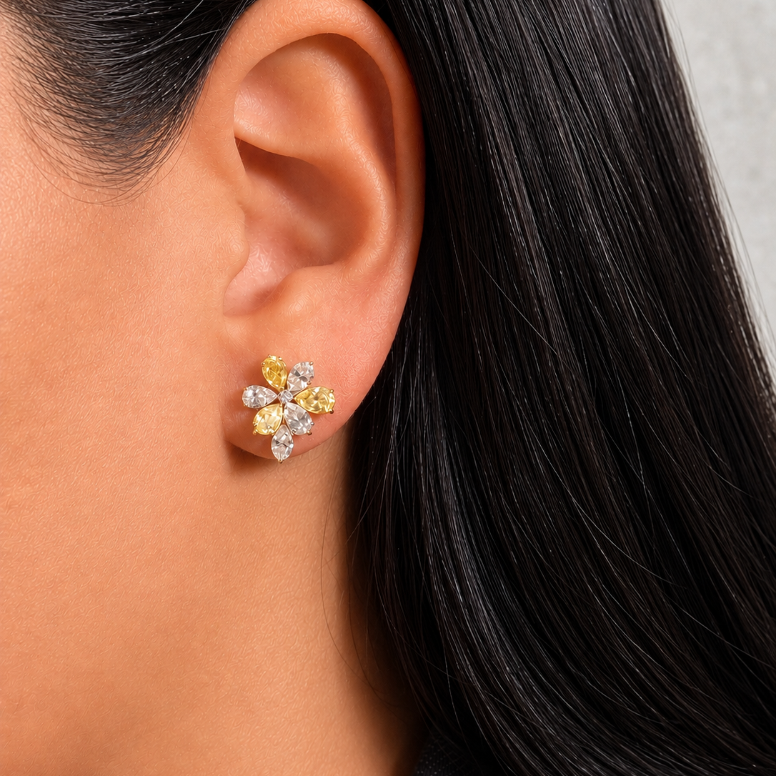 Natural fancy yellow diamond flower stud earrings handcrafted by Rare Colors by Namdar